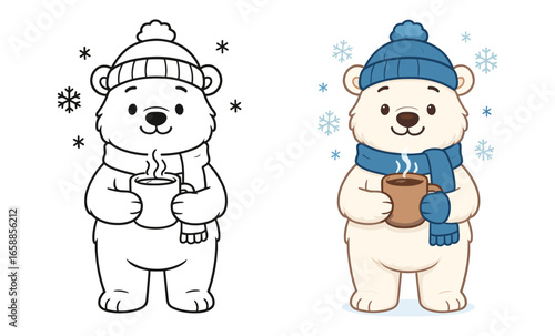 Adorable polar bear in winter attire with hot drink and falling snowflakes