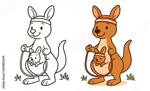 Cute cartoon kangaroos exercising with jump ropes in outline and color versions