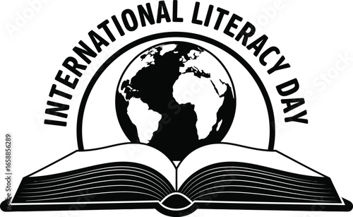Vector art of international literacy day logo with open book and globe