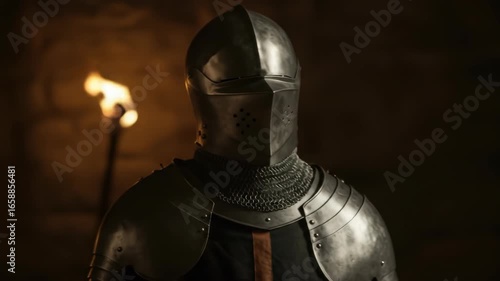 Medieval Knight in Full Armor Standing in Dark Room Near a Burning Torch