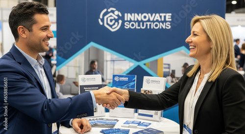 A man and a woman are shaking hands and smiling warmly at a professional trade show or business convention. They are standing at a booth for 