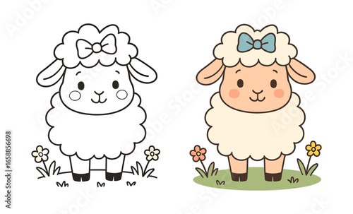 Cute cartoon sheep with bow in color and black and white style