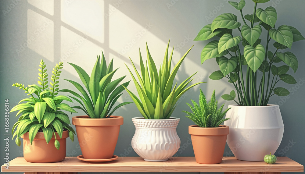 Obraz premium Potted plants on wooden shelf in sunlit room 