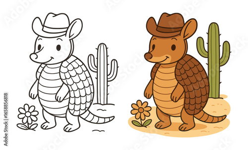 Cute armadillo dressed as cowboy with cactus and flowers in coloring and colored styles