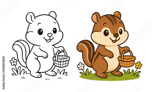 Cute chipmunk with basket: cartoon and outline versions with spring flowers