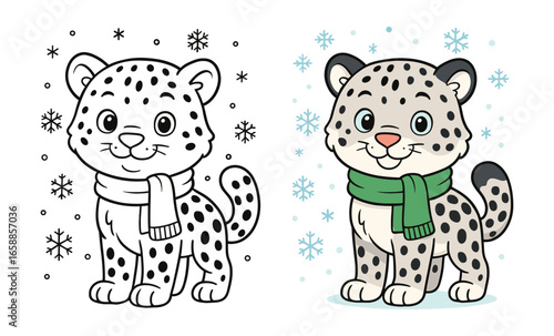 Cute cartoon snow leopard with scarf in winter setting with color and outline versions