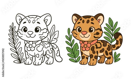 Cute cartoon leopard with outline and colored versions for kids' coloring activity