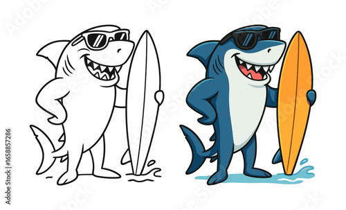 Cool cartoon shark with surfboard: fun beach character design