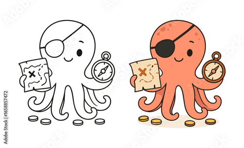 Cute pirate octopus with treasure map and compass in cartoon style