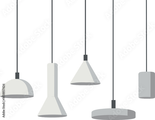 A group of modern minimalist pendant lights, each with sleek lines and geometric shapes. They are suspended at varying heights, creating a sense of