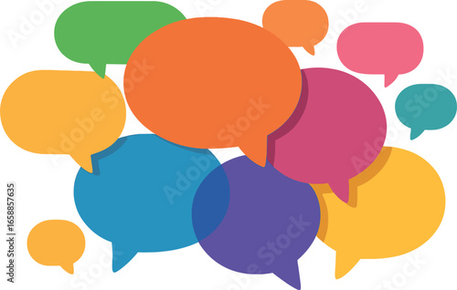 A cluster of overlapping speech bubbles in various vibrant colors, symbolizing diverse communication. The bubbles vary in shape and size, creating a