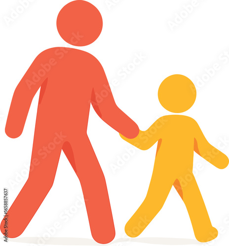 A pair of stylized figures, one adult and one child, walking hand in hand, symbolizing mentorship and guidance. The figures are in vibrant colors,