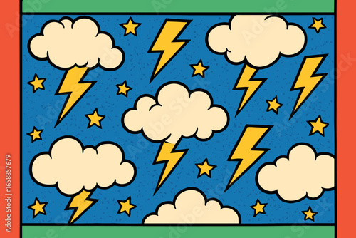 A lively arrangement of fluffy clouds and yellow lightning bolts animate the blue backdrop. The dotted pattern and scattered stars contribute to a