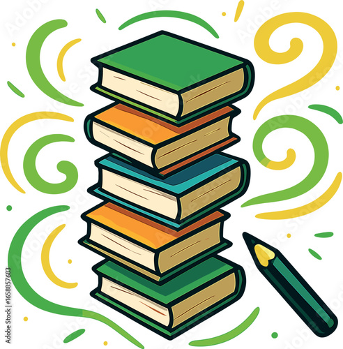 A stack of books hovers mid-air, each book slightly askew to give a sense of dynamic motion. Bright green and yellow swirls surround them, symbolizing
