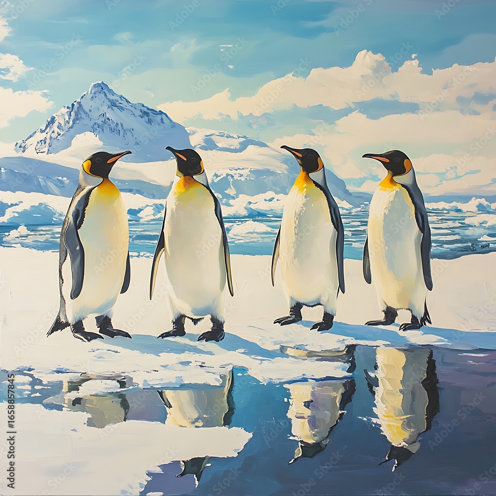 Fototapeta premium Four Emperor Penguins in Snowy Antarctic Landscape with Mountains antarctica iceberg photo