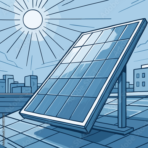 A close-up of a solar panel on a rooftop, capturing sunlight. The panel is angled towards the sun, with rays depicted as lines. The setting is urban,