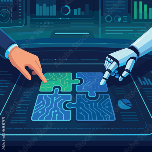 A futuristic workspace where human and robotic hands collaborate over a digital interface displaying puzzle pieces with circuits. The layout features