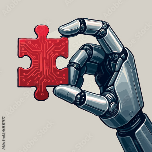 A robotic hand with sleek metallic elements grips a red puzzle piece featuring complex circuit designs. The composition highlights the precision and