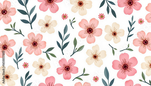 Wallpaper Mural Floral pattern with pink and beige flowers on white background
 Torontodigital.ca