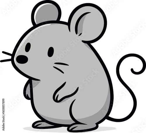 A single cartoon mouse, with a round body and tiny ears, appears in a curious stance, looking to the side. Its tail curls gently, adding a playful