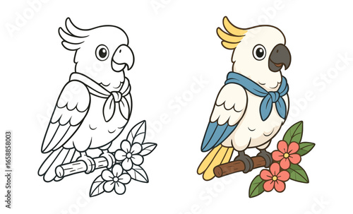 Charming cockatoo in outline and color with tropical flowers for creative designs