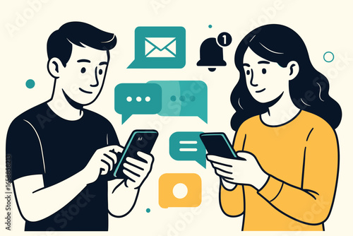 Two characters using smartphones to text each other, surrounded by icons representing digital communication like emails and notifications. The