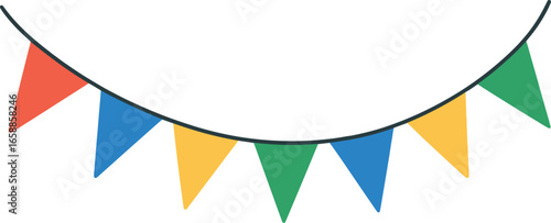 A string of bunting with alternating triangular flags in vibrant hues, gently swaying as if caught in a light breeze. The flags are evenly spaced and