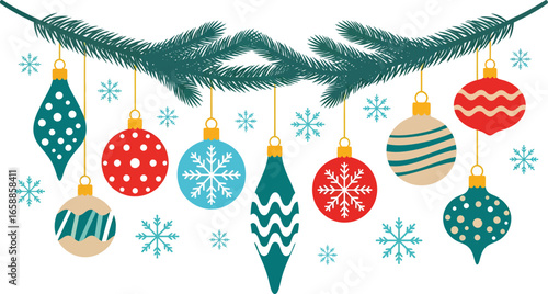 Christmas ornaments hanging on pine branches, festive holiday border with colorful baubles and snowflakes, winter seasonal decoration vector illustration