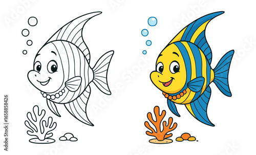 Cheerful tropical fish with coral in colorful and outline styles
