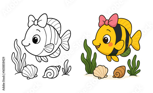 Cute cartoon fish with bow in black and white and color with seashells