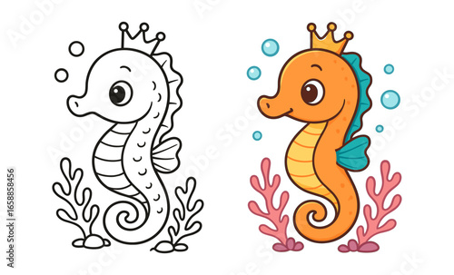 Adorable seahorse with crown in colorful and outline styles for kids