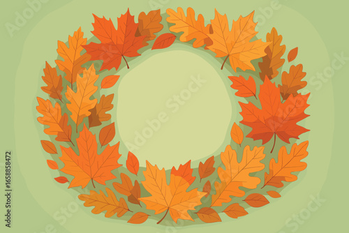 An array of fall foliage, including maple and oak leaves, arranged in a circular pattern. The leaves are vibrant and detailed, with textures that