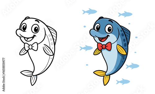 Cute cartoon fish with bow tie - black and white and colored versions
