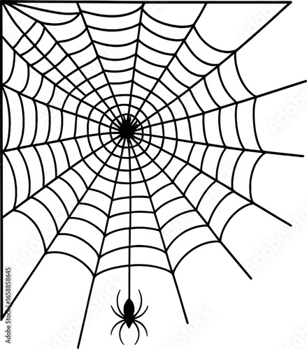 A detailed spider web stretches across the corner, each strand meticulously woven in a radial pattern. A solitary spider dangles from the center on a