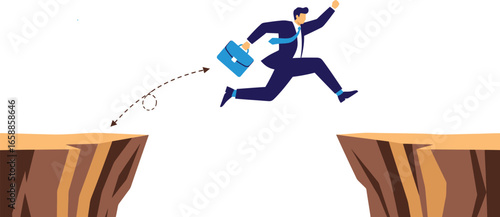 Vector art of businessman jumping across a gap representing risk and opportunity