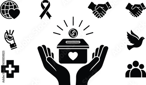 Vector art of charity and donation icons with hands holding a donation box