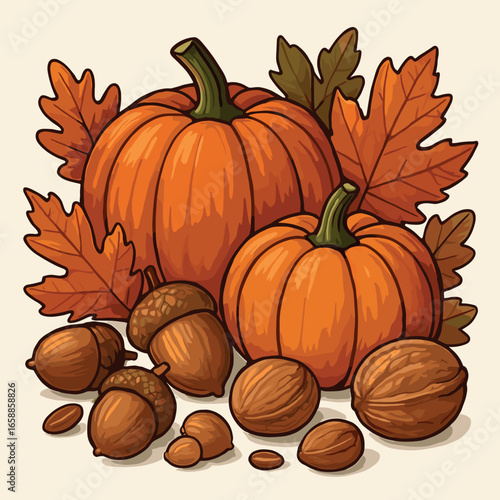 An arrangement of acorns and nuts is subtly integrated into the frame, providing a sense of abundance and the richness of fall. The smooth surfaces of