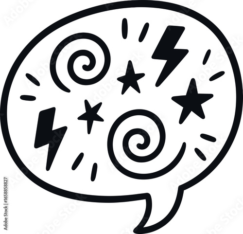 A speech bubble containing whimsical symbols like spirals, lightning bolts, and stars, conveying a burst of energy and emotion. The bubble is outlined