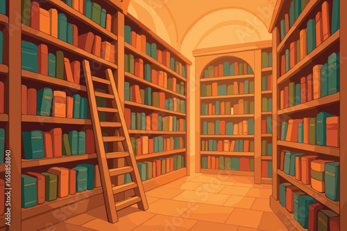 A whimsical illustration of a library interior, with towering bookshelves filled with colorful volumes. A ladder leans against one shelf, inviting