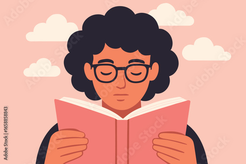 A person with voluminous hair and glasses is deeply engrossed in a pink book, set against a soft pink background. Fluffy clouds float above,
