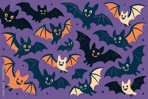 A collection of quirky bats with distinctive wing shapes and cheeky smiles, flying across a seamless purple night sky. The bats are illustrated in
