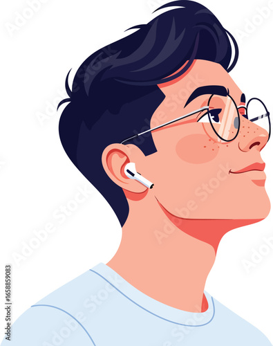Vector art of young man with glasses and wireless earbuds