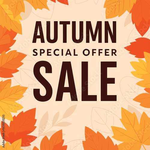 An eye-catching autumn-themed promotional poster showcasing large, bold typography announcing a special offer. Surrounding the text, colorful autumn