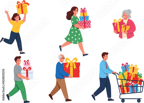 Vector art of diverse people happily carrying and shopping for gifts