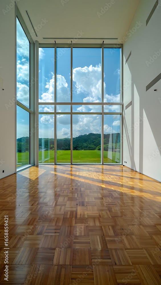 Fototapeta premium Expansive Room With Large Windows Overlooking Green Fields and Blue Sky