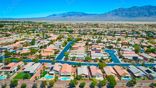 Photography Aerial Residential Neighborhood and Suburban Homes Las Vegas with Desert Mountai