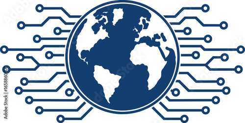 Global Technology and Connectivity Concept. Vector icon of planet earth with a circuit board network representing the internet, globalization, and digital communication.