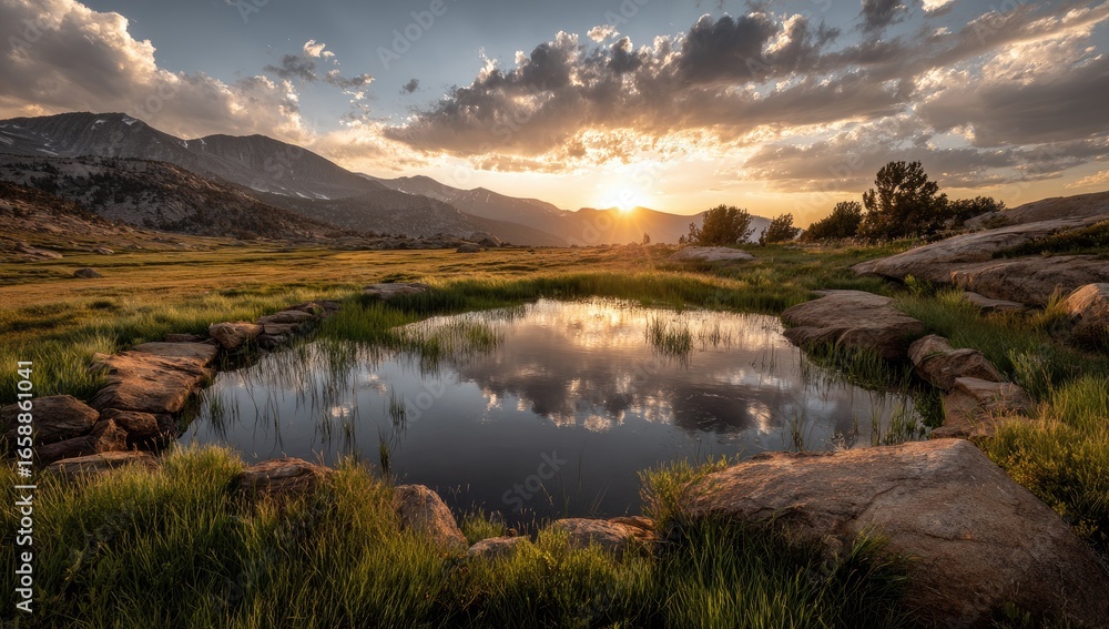 Fototapeta premium Sunset reflection in mountain pool, hikers distant, peaceful landscape, nature photography