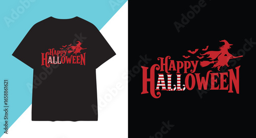 Black t shirt with happy halloween witch design in red and white colors
