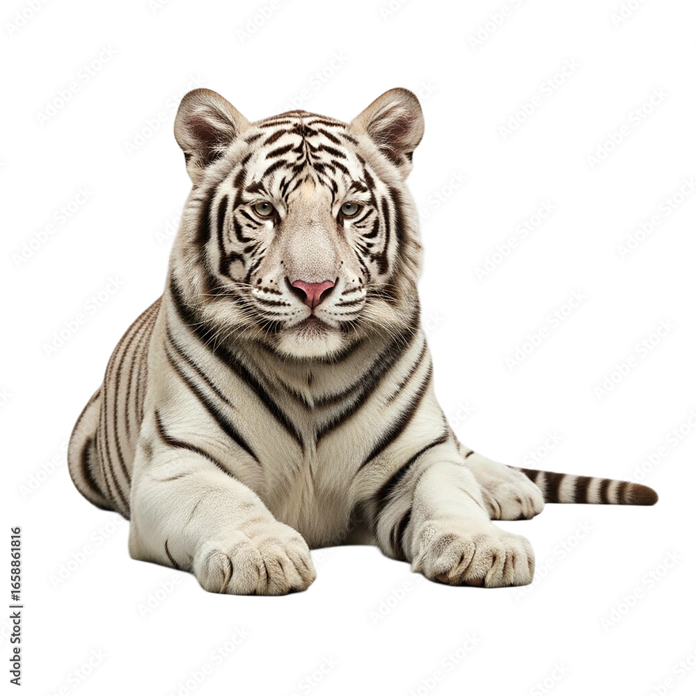 Obraz premium A white tiger with black stripes is lying down looking forward on a in a studio shot on transparent background